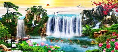 File PSD Tranh sơn thủy thác nước phong thủy ST3178 (bản gốc) cho nhà in