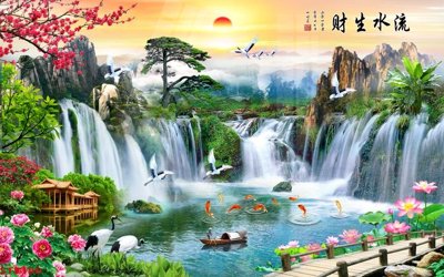 File tranh Tranh sơn thủy thác nước phong thủy ST3180 (bản gốc) in lụa 3D
