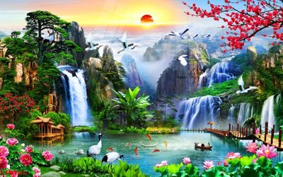 File tranh Tranh sơn thủy thác nước phong thủy ST3185 (bản gốc) treo quán cafe