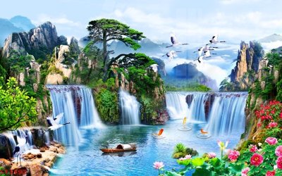 File in mica Tranh sơn thủy thác nước phong thủy ST3192 (bản gốc) siêu trong