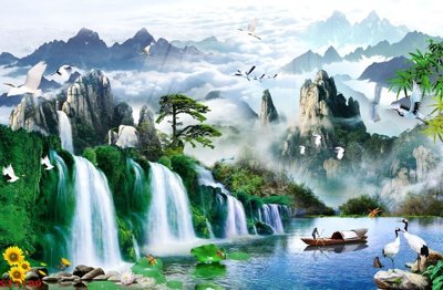 File in trần Tranh sơn thủy thác nước phong thủy ST3199 (file gốc) xuyên sáng