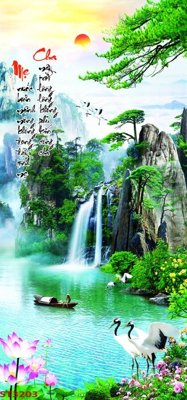 Download file gốc Tranh sơn thủy thác nước phong thủy ST3203 (in lụa) tranh 3D