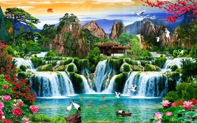 Download file gốc Tranh sơn thủy thác nước phong thủy ST3227 (in lụa) tranh 3D