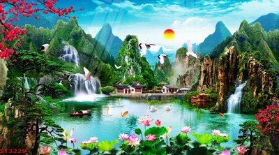 File gốc Tranh sơn thủy thác nước phong thủy ST3229 (in lụa) tranh mã đáo