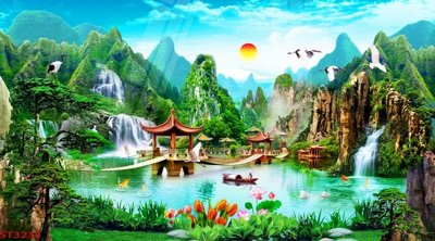 File tranh Tranh sơn thủy thác nước phong thủy ST3233 (file gốc) chủ đề phong thủy