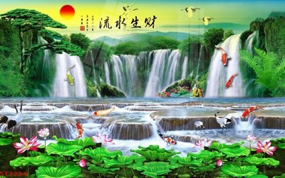 Download file gốc Tranh sơn thủy thác nước phong thủy ST3234 (in lụa) hoa lá