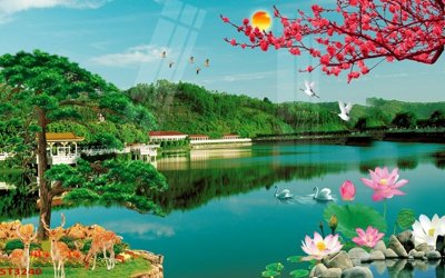 Tải file Tranh sơn thủy thác nước phong thủy ST3240 (gốc) chủ đề hoa sen