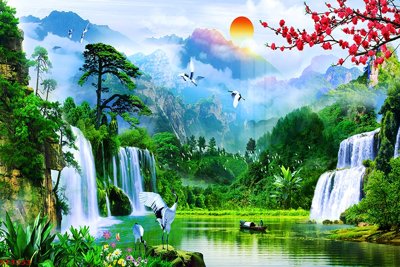 Tải file Tranh sơn thủy thác nước phong thủy ST3253 (ảnh gốc) 300dpi Tranh sơn thủy thác nước phong thủy ST3253