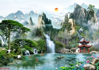 File gốc Tranh sơn thủy thác nước phong thủy ST3255 (in mica) trang trí