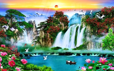 File gốc Tranh sơn thủy thác nước phong thủy ST3261 (in lụa) trang trí tường