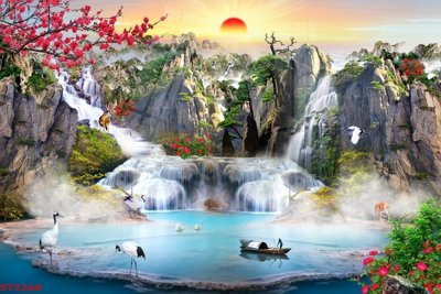 Tải file Tranh sơn thủy thác nước phong thủy ST3268 (gốc) làm tranh trang trí