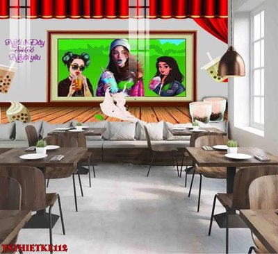 File tranh File tranh dán tường quán trà sữa TSthietke112 (bản gốc) in lụa 5D