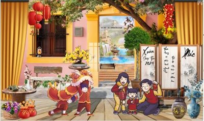 File gốc file in baner tết 2024 phông tiểu cảnh tết TTC54 (in lụa) hoa văn cổ điển