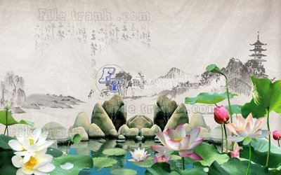 File tranh gốc File tranh gốc tranh tường hoa thủy mặc trung quốc TTQ474 (sắc nét từng chi tiết)