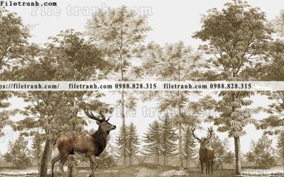 File gốc buc anh ve la rung cay nhiet doi chau Au co dien267 (in lụa) trang trí tường