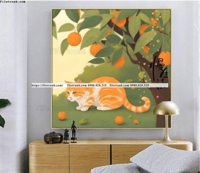 Download file gốc tranh con meo duoi goc cay dep 504 (in mica) 3D