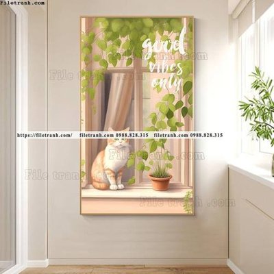 File gốc tranh con meo ve tay ben cua so 526 (in lụa) tranh thuận buồm